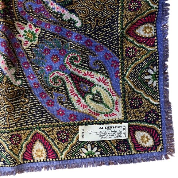 Oscar De La Renta Purple Wool Printed Sparkly Scarf fringe edges 30in Vintage - Picture 3 of 10